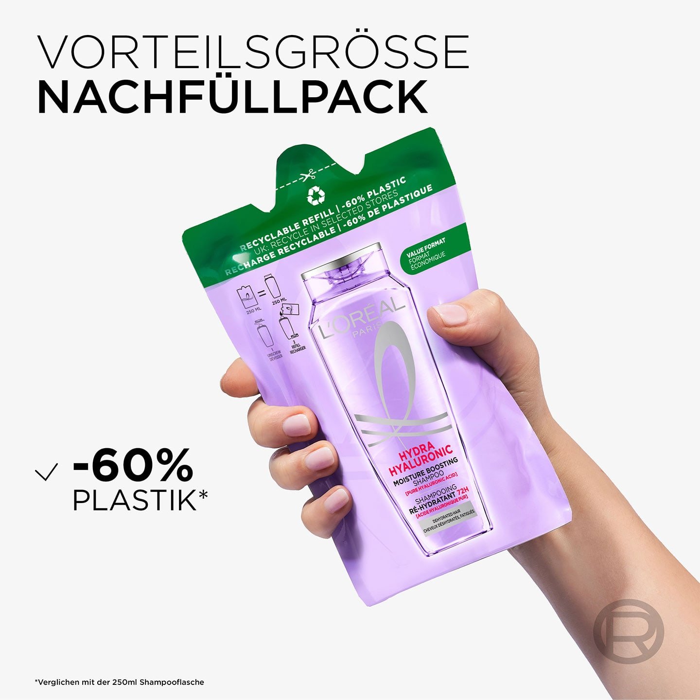 Text: Vorteilsgrösse Nachfüllpack -60% Plastik; daneben Produkt von einer Hand gehalten